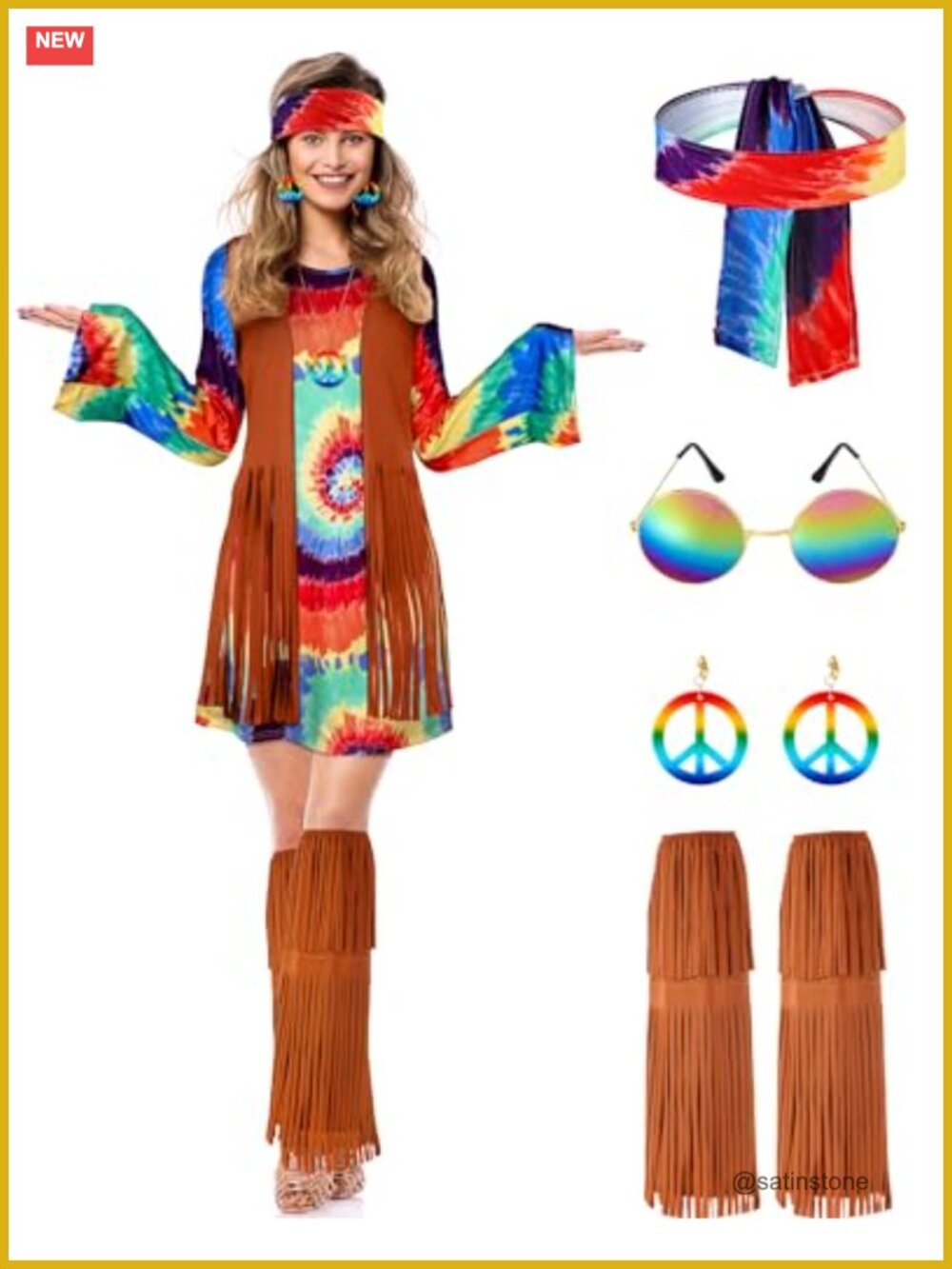 70s Hippie Costume Set Dress Headband Earrings Necklace Socks Halloween